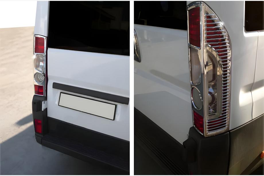 Peugeot Boxer 2006-2025 Chrom Rückleuchten Abdeckungen mit Biegung (2 Stk, Kunststoff) Image