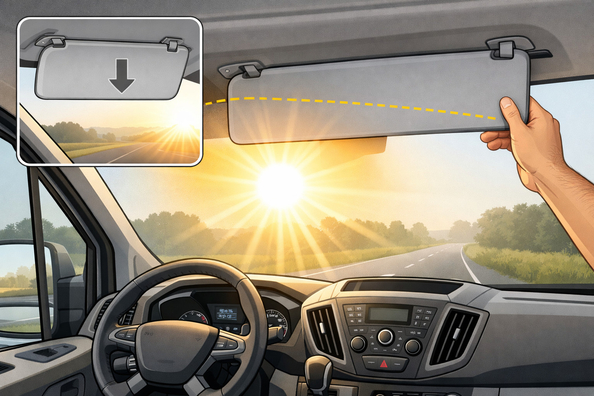 Blendende Sonne auf der Frontscheibe im Ford Transit am Morgen reduzieren Foto 1
